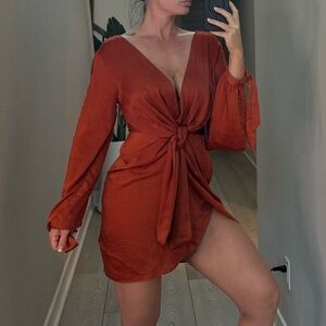Rust Orange Tie-Front Dress